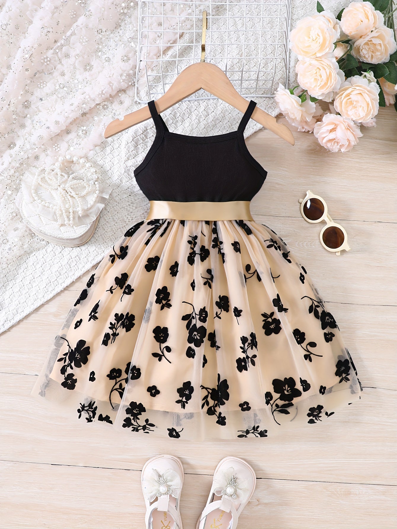 Girls Splicing Flower Graphic Cami Tutu Dress for Summer Party Gift