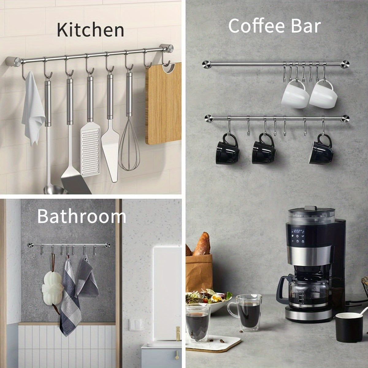 Elegant Stainless Steel Kitchen Utensil Rack for Wall Mounting - Organize Pots, Pans, Spatulas, Whisks, Measuring Cups, and Coffee Mugs - Versatile Hooks for Home, Coffee Bar, or Bathroom Storage