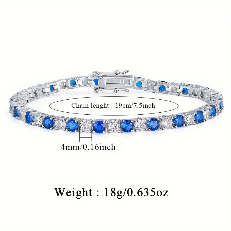 Women's Tennis Bracelet in 925 Sterling Silver with Blue & White Synthetic Cubic Zirconia Stones, Stylish Hip-Hop Design, Lightweight 8g, Perfect for October Birthdays, Versatile Piece for Daily and Party Wear All Year Round