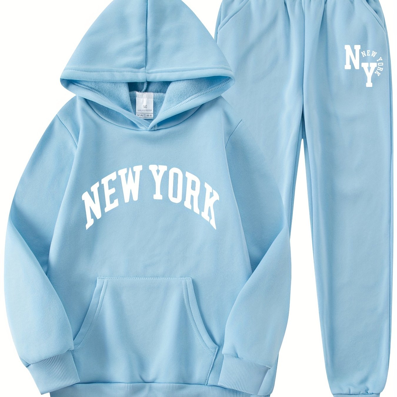 New York letter print hoodie and sweatpants set for kids. Made of casual polyester knit fabric with pockets. Slight stretch and regular fit for boys, girls, teens, and children. Ideal for