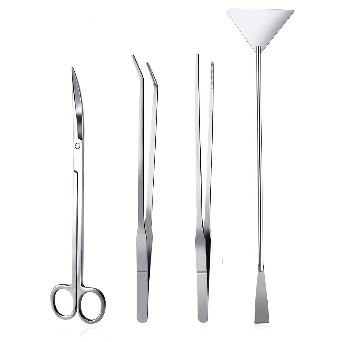 A set of 4 aquarium landscaping tools including long tweezers, scissors, spatula, and a four-in-one stainless steel aquatic plant set, suitable for fish starter kits, aquarium tanks, and