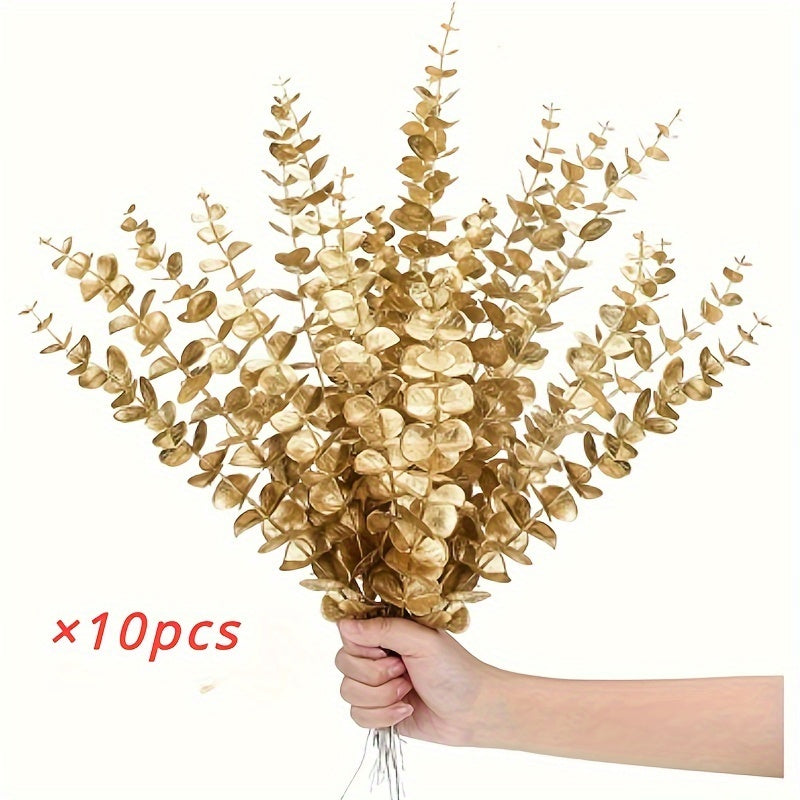 10-piece set of artificial golden eucalyptus stems for home and wedding decor, ideal for vase fillers and tabletop accents.