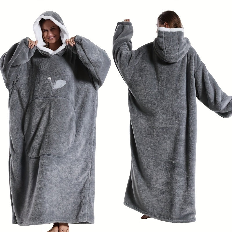 Stay warm and comfortable this winter in our oversized Cozy Velvet Hooded Lounge Robe. Available in red, purple, blue, brown, and black with convenient pockets, this hand-washable robe is made of soft polyester fabric perfect for indoor and outdoor use.