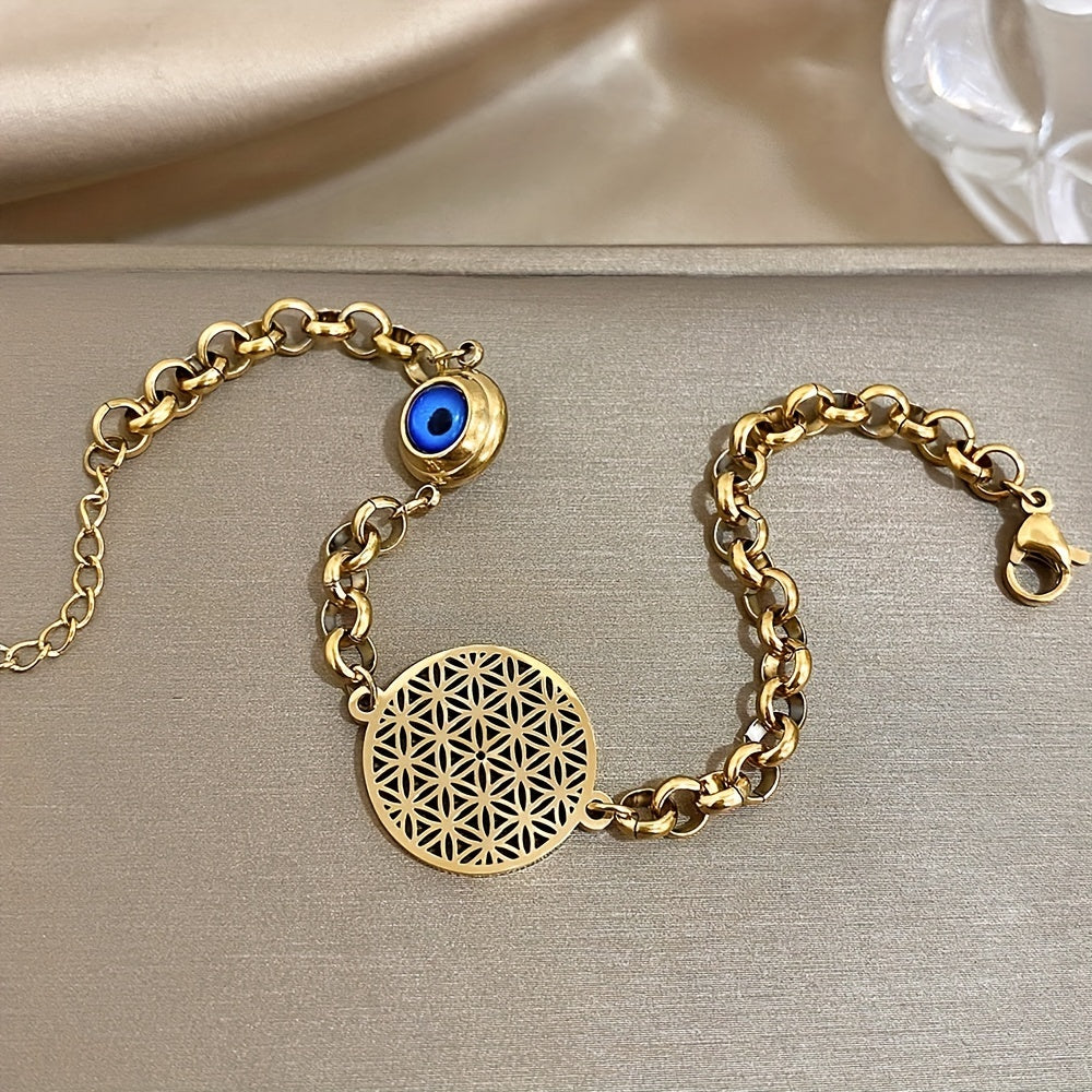 Golden-tone stainless steel bracelet featuring an Evil Eye and Flower of Life design, waterproof and perfect for winter and New Year fashion for women.