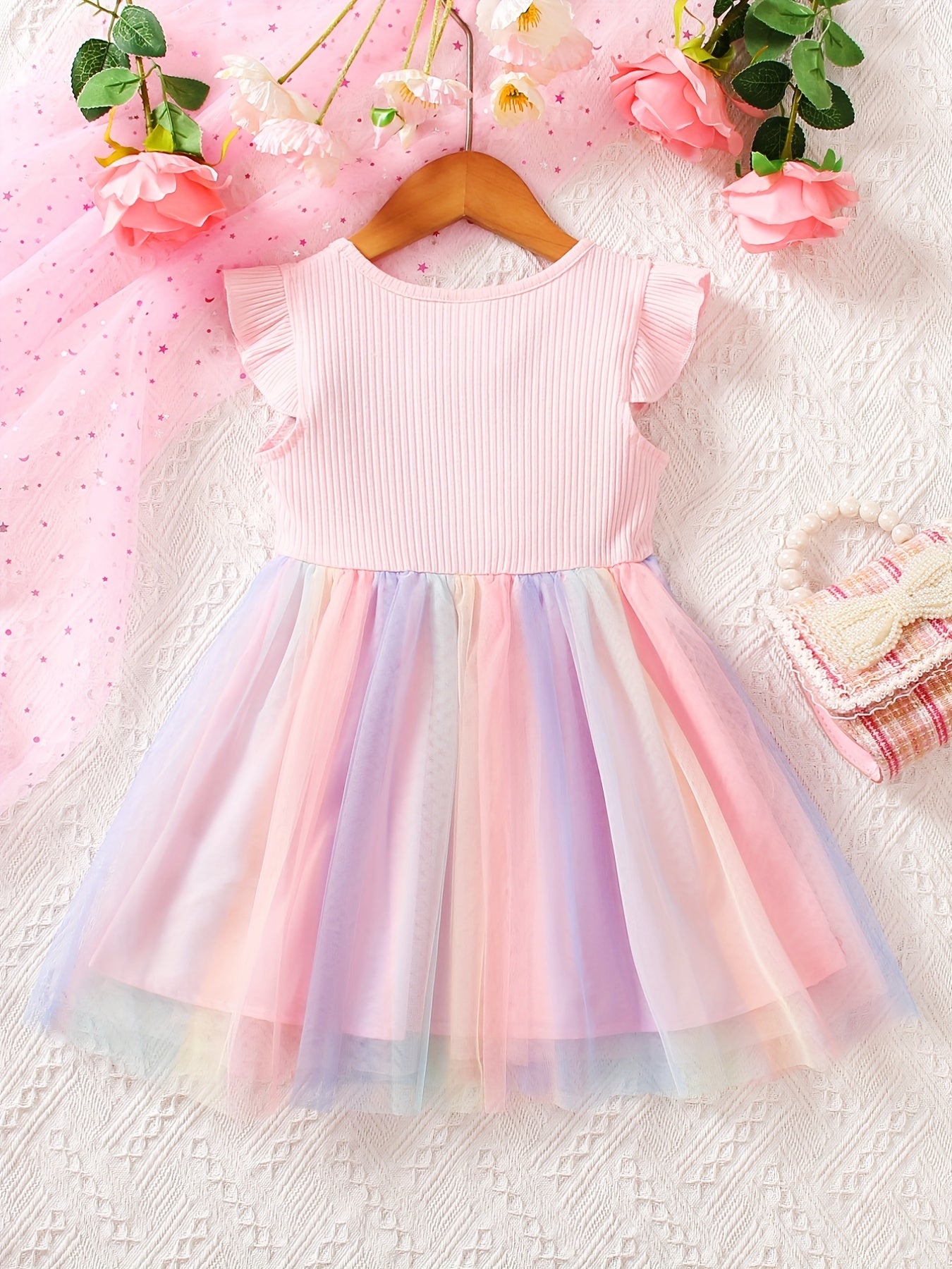 Rainbow tutu princess dress with rhinestone decor and flying sleeves for summer.