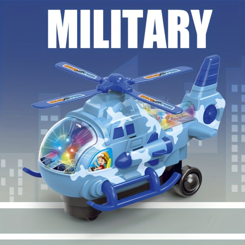 Toy electric helicopter for kids with lights and music, can rotate 360 degrees, made of sturdy plastic, perfect for boys and girls, great for holidays and playtime.