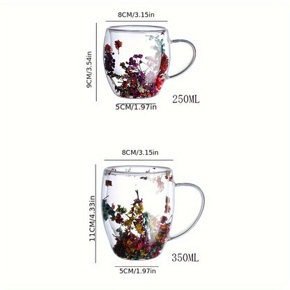 Glass coffee cup with dried flower inside, double-walled espresso cup with heat insulation and quicksand effect, suitable for both hot and cold drinks. Perfect birthday gift.