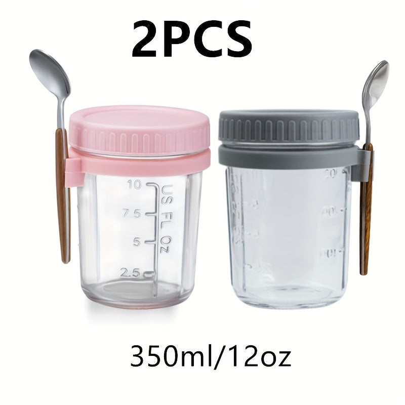 Four pieces of leak-proof storage containers for overnight oats, complete with lids and spoons. These reusable 12 oz glass Mason jars are perfect for storing milk, cereal, fruit, and yogurt. The large capacity airtight jars are essential kitchen