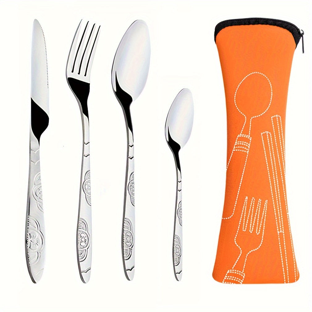 Premium stainless steel cutlery set includes knife, fork, spoon in chic case- perfect for camping and travel.