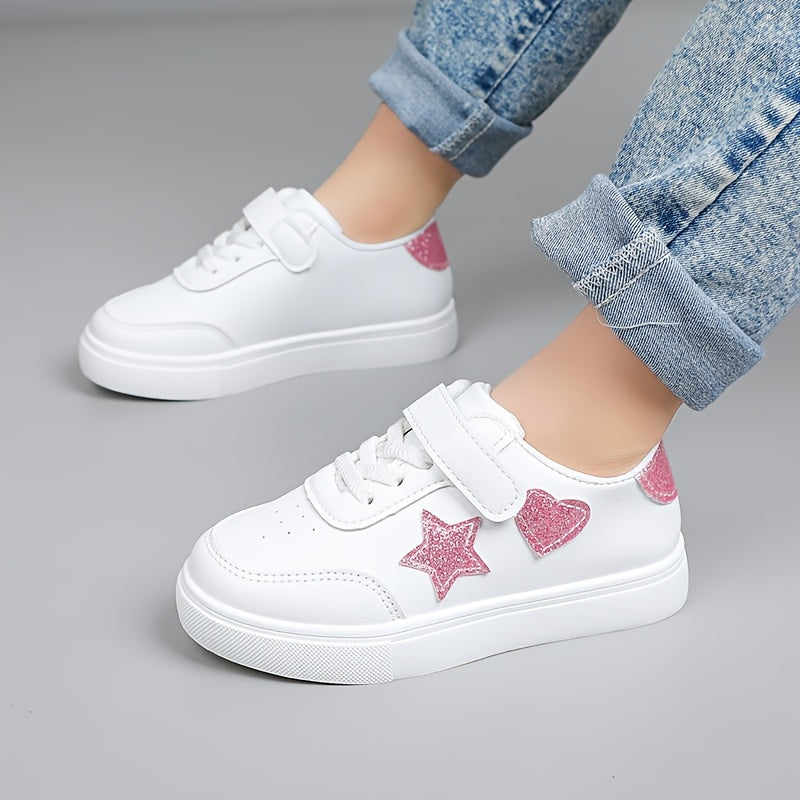 Cute sports shoes with heart and star designs, lightweight and comfy for year-round wear.