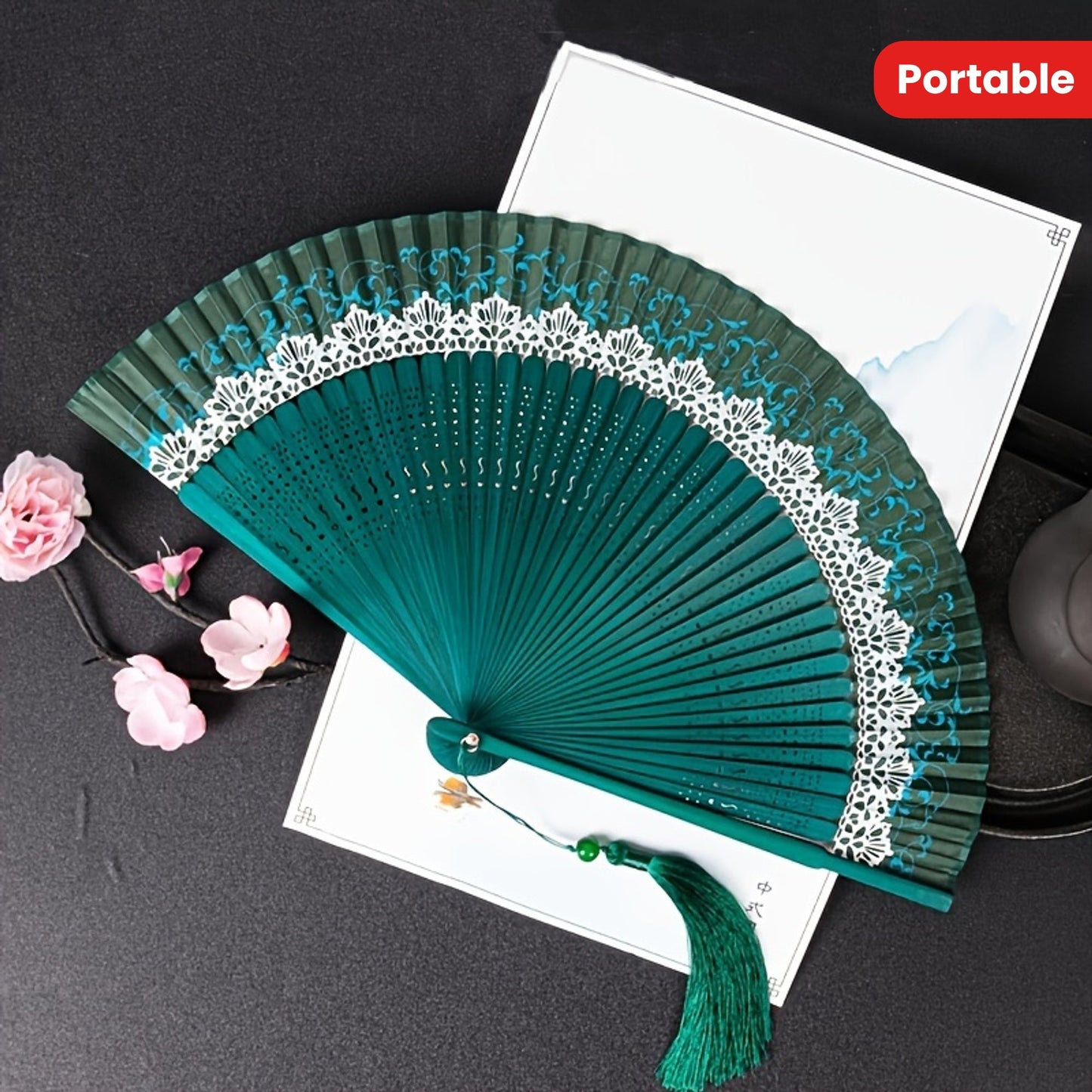 Portable folding fan in traditional Chinese lace style, crafted from bamboo in Japanese design. A unique vintage cultural gift and perfect pocket fan for personal use.