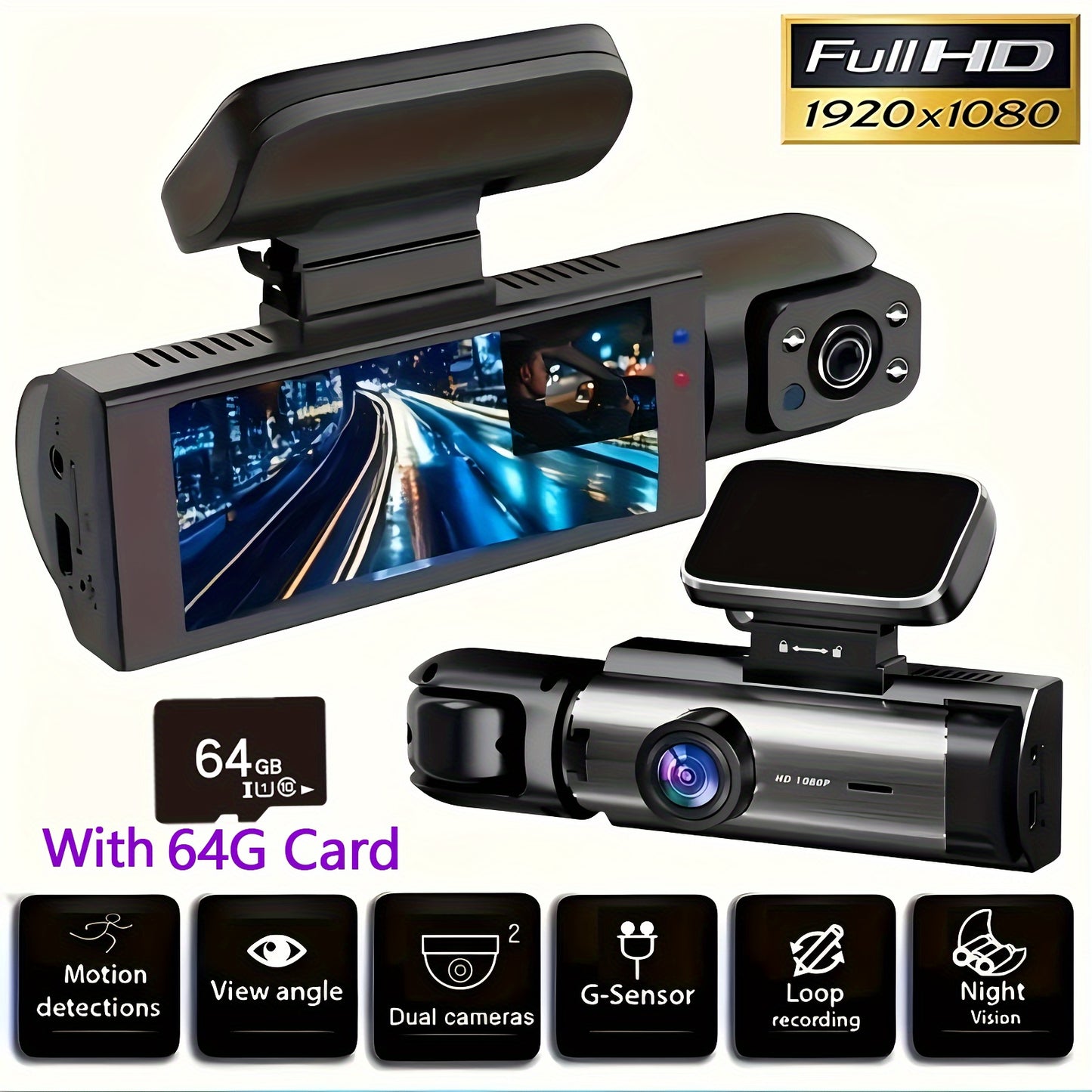 Ouyaaqii Upgraded Dual-Lens Dash Cam with 64GB Memory Card, Loop Recording, LCD Screen, HD Night Vision, Sun-Proof Case, Front & Interior Views