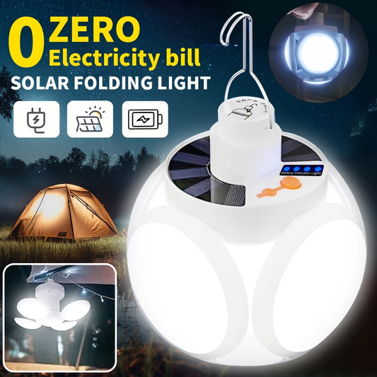 Portable solar-powered LED camping light with hook, rechargeable USB, 800mAh battery, foldable design for tents, home, office, car emergency lighting.