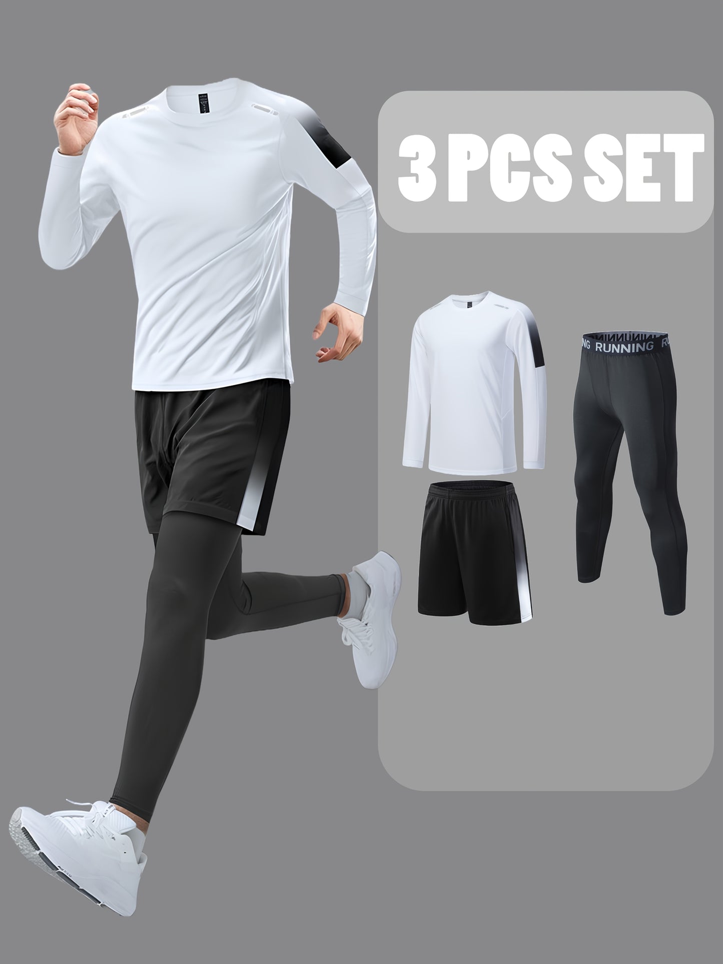 Men's 3-piece sports fitness suit: breathable and quick-drying top, tight trousers, and shorts for outdoor activities like hiking, jogging, and cycling.