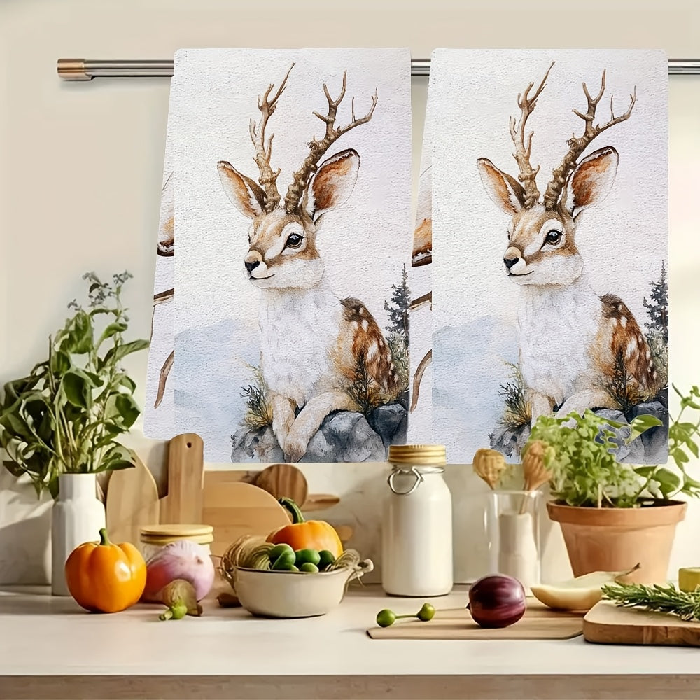 Set of 2 Ultra Soft Kitchen Towels with Rustic Jackalope Design - Highly Absorbent and Machine Washable Dish Hand Towels in Contemporary Coastal Style. Made from Polyester, measuring 40.64x60.96 cm. Perfect for Holiday Decor and Dish Towels.