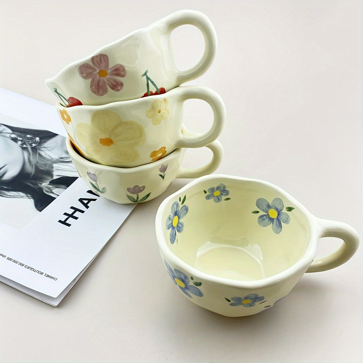 Ceramic mug with flowers pattern, irregular shape, Korean style, suitable for coffee, milk, tea, oatmeal, and breakfast.