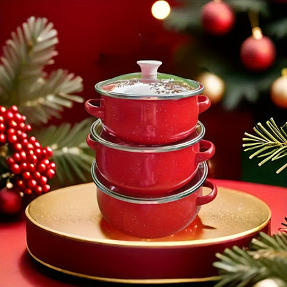 This set includes three mini enamel pots in sizes of 12cm, 14cm, and 16cm, perfect for home use in the kitchen. They are suitable for gas and electric stoves, making them versatile for any cooking needs. This set makes a great holiday gift and is perfect