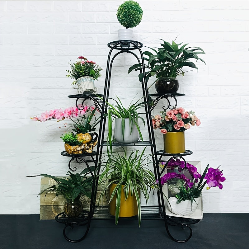 European-style metal plant stand with 9 tiers for indoor and outdoor use. Provides a decorative display for flower pots in the garden, balcony, or living room. Does not require electricity