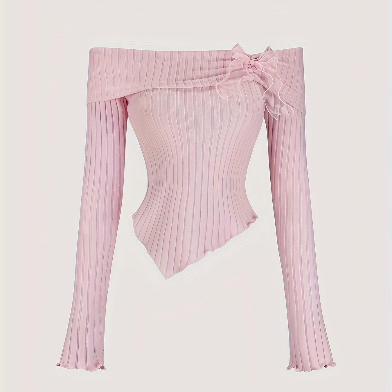 Women's off-shoulder pink knit top with bowknot, lettuce hem, and preppy style. Machine-washable, suitable for all seasons and school wear. Made of polyester spandex blend.