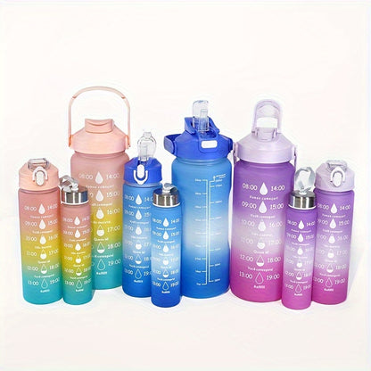 Set of 3 sports water bottles with time marker, leakproof design, and one-click open lid. Great for fitness and outdoor activities.