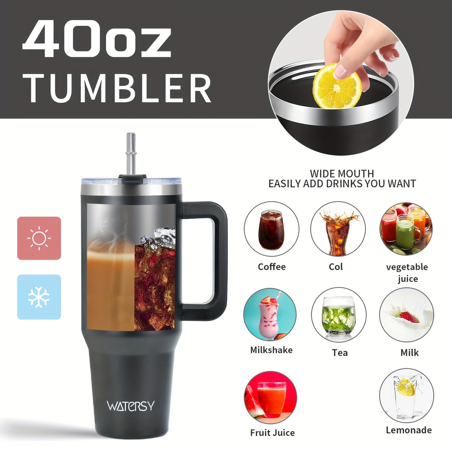 WATERSY 30 oz/40 oz Tumbler tutqichi va solgich bilan, suyuqlik o'tkazmaydigan izolyatsiyalangan, barcha aksessuarlar bilan birga: 2-in-1 qopqoq, zanglamas po'latdan yasalgan solgich, tozalovchi