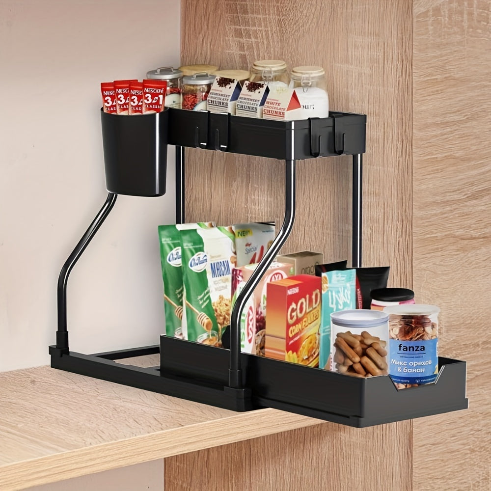 Introducing the Expandable Under Sink Organizer - a 2 Tier Pull-Out Storage Rack with Hooks and Hanging Cup. This multifunctional shelving unit is adjustable and perfect for the kitchen and bathroom. Say goodbye to clutter and hello to organized living