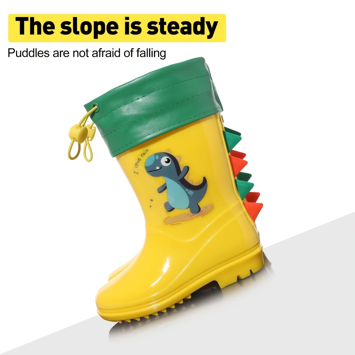 Child's dinosaur rain boots that are thermal detachable, non-slip, waterproof, comfortable, and suitable for all seasons.