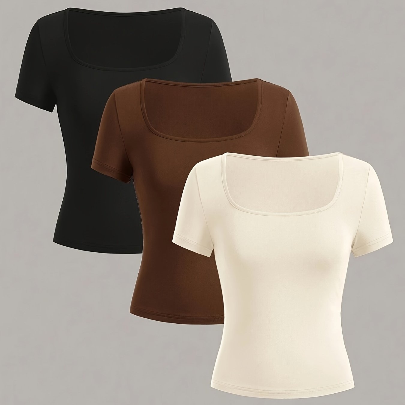 A set of 3 women's square neck short sleeve T-shirts in black, white, and red. Made of breathable polyester, slim fit, casual and sporty design, machine washable.