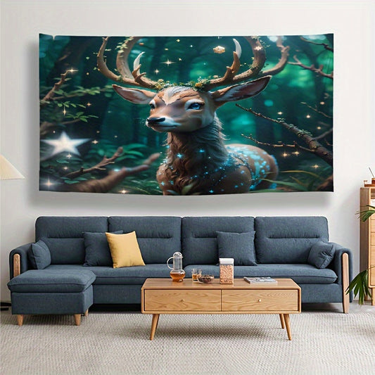 Enchanting Deer Tapestry with Starry Antlers - Whimsical Fantasy Art, Polyester Wall Decor for Nursery & Playroom