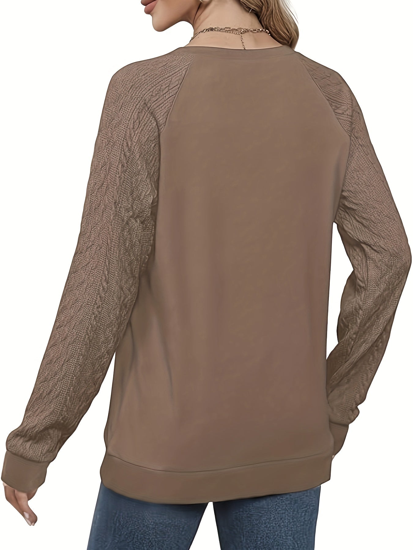 Womens' casual brown cable knit sweater with long sleeves, round neck, stretchy polyester blend. Machine washable and cozy.