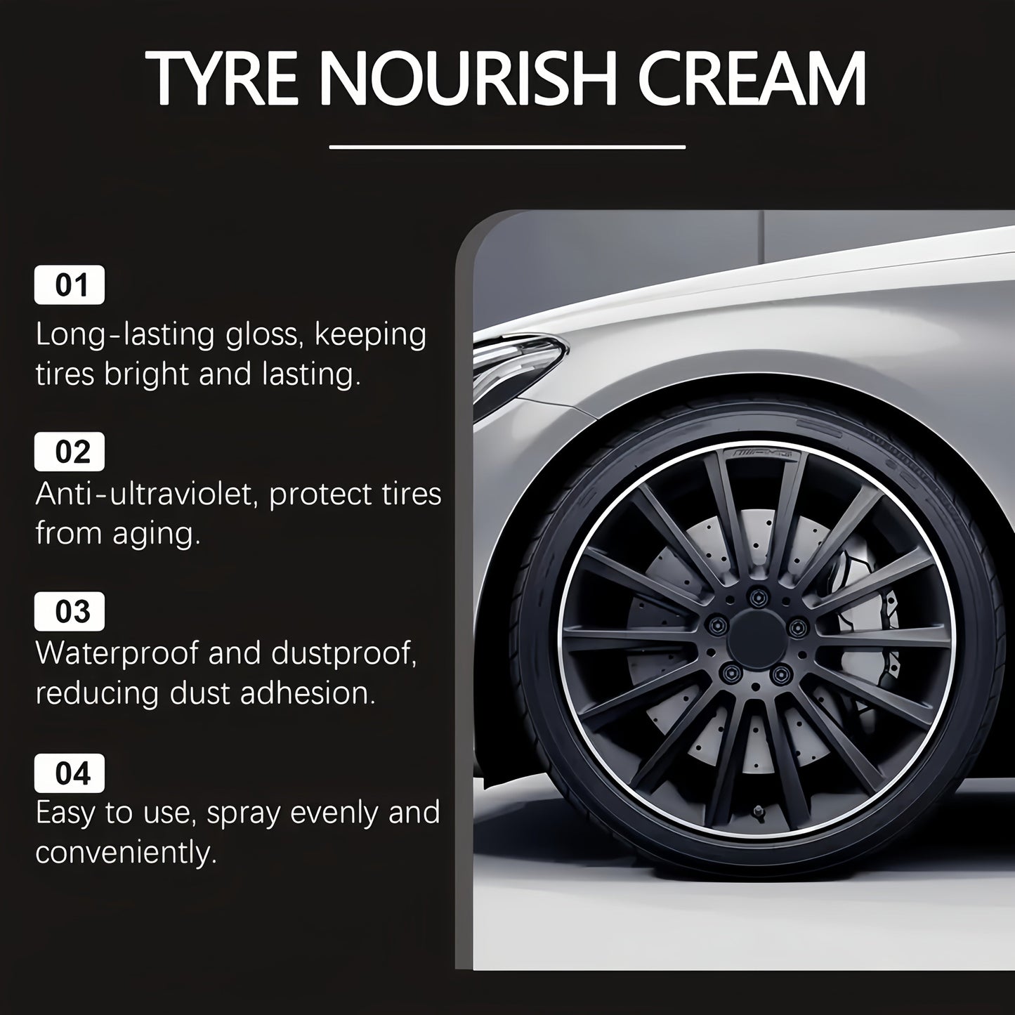 This versatile Tire Care Wax features a coconut oil formula that is free of fumes. The black gloss polishing design is perfect for enhancing the appearance of vehicle tires and brightening plastic parts. Ideal for tire maintenance and bringing out the