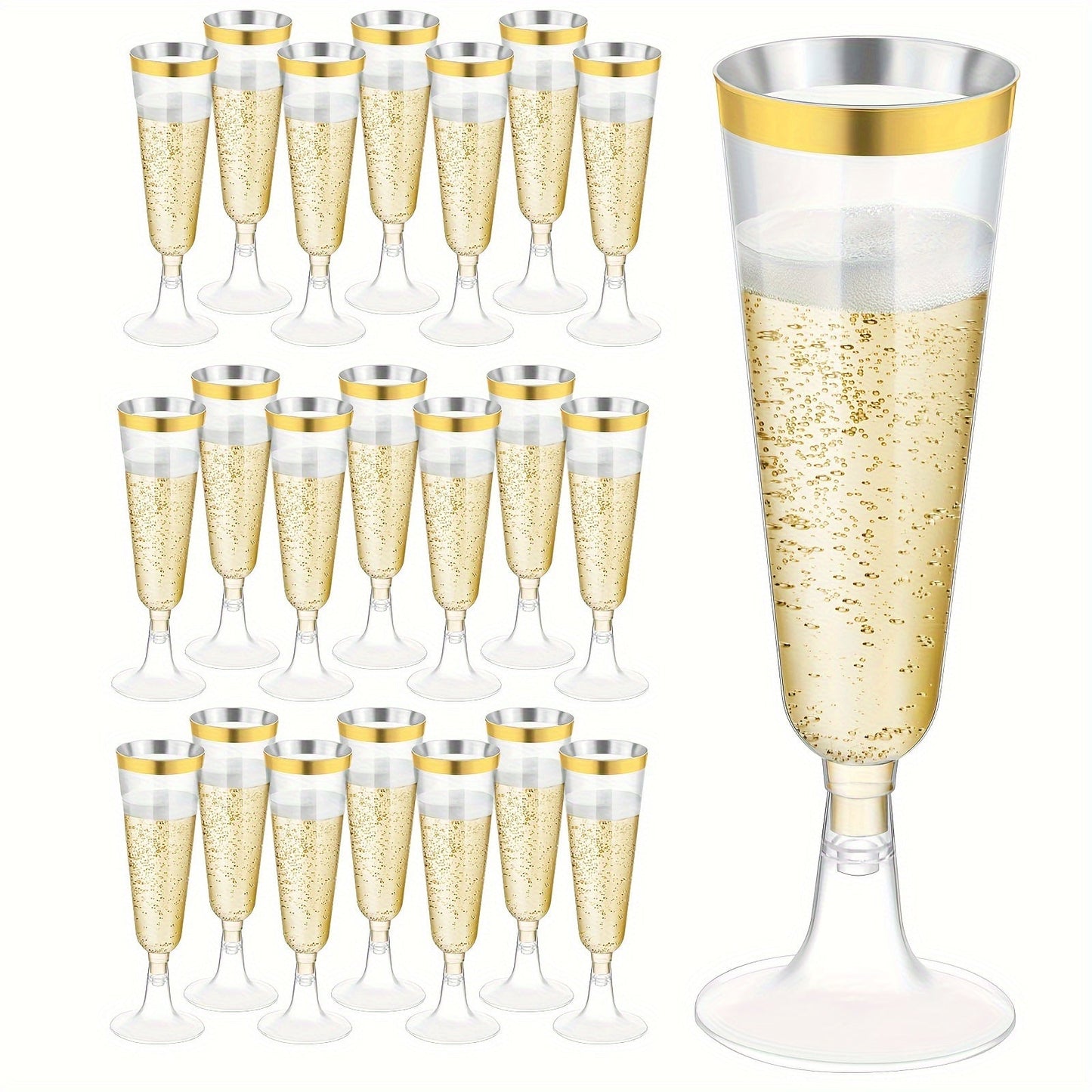 25 pieces of 5-ounce plastic champagne flutes in a shiny gold color. These disposable glasses are perfect for cocktails at parties, bars, picnics, weddings, anniversaries, birthdays, or any other special occasion. Complete your party supplies with these