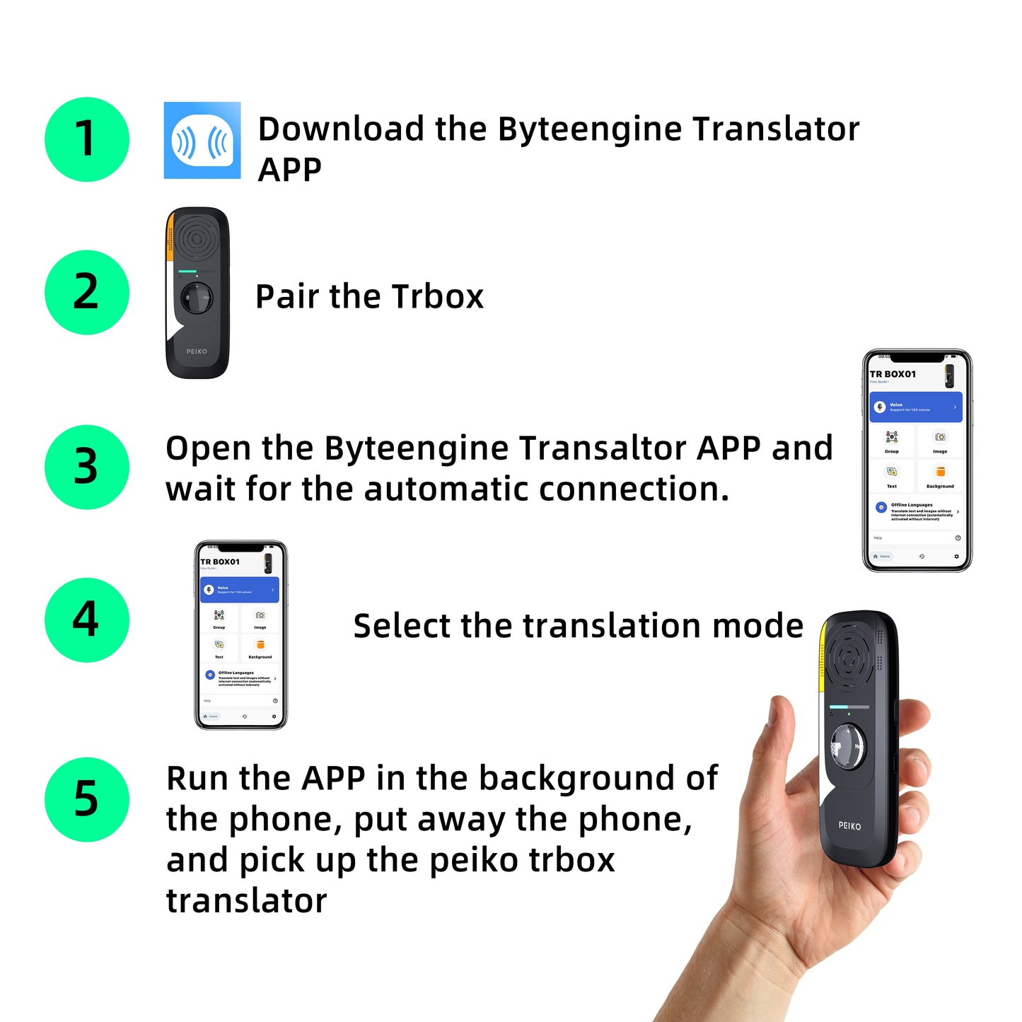 Peiko TR-BOX01 Portable Language Translator Device offers 75+ languages, high accuracy, two-way instant voice translation, and wireless connectivity. It includes 136 accents for travel