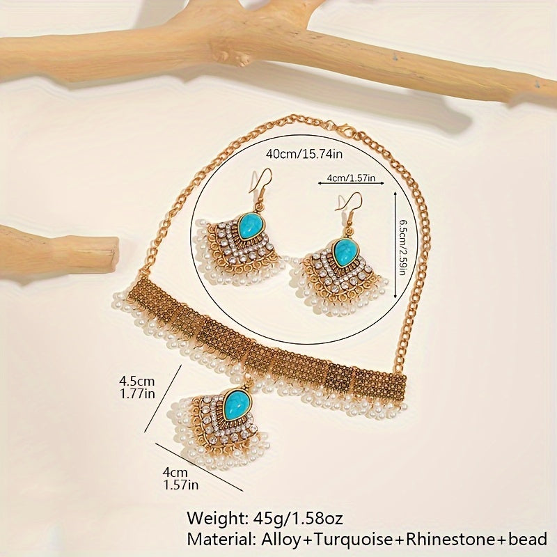 1 Boho style jewelry set featuring a pair of earrings, a necklace, and a ring. Inlaid with natural turquoise, this set is the perfect gift to complement any daily outfit.