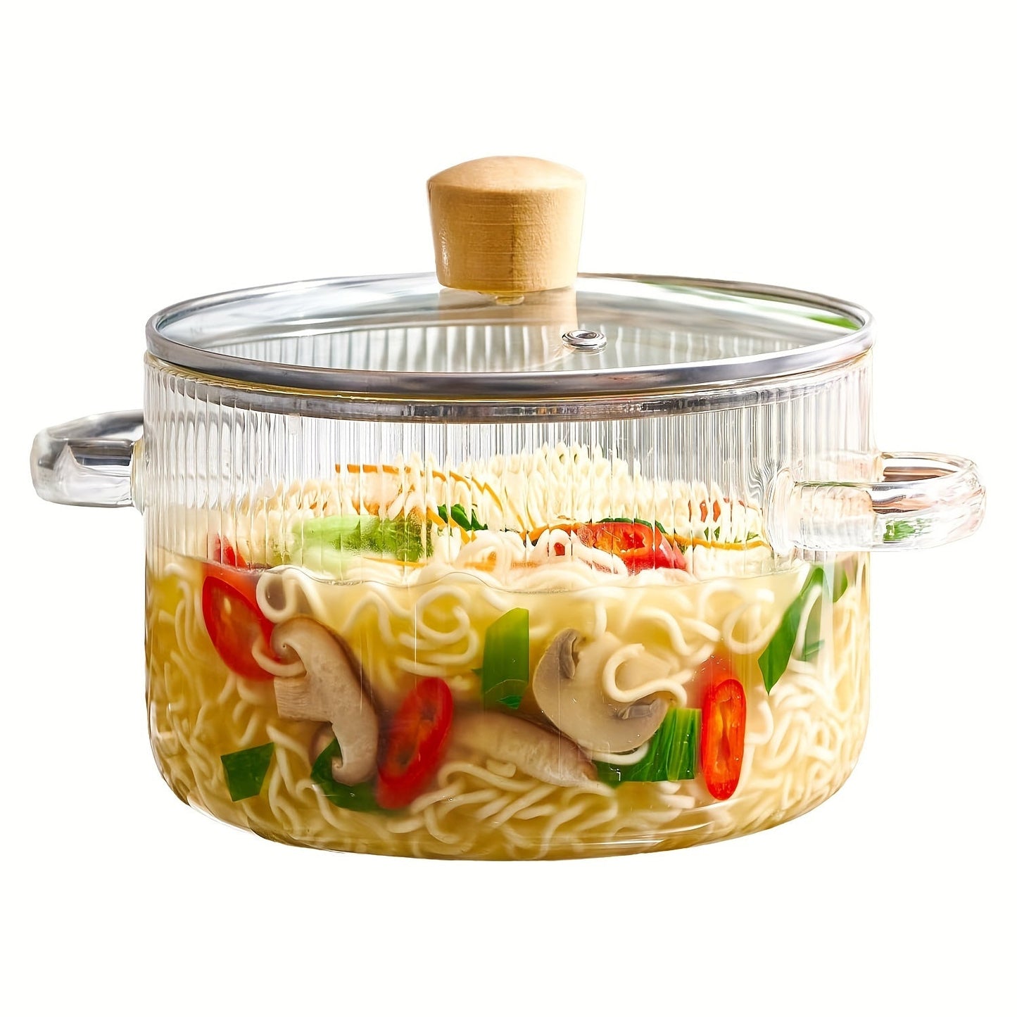 Glass cooking pot with lid, 1.6L (54oz) capacity made of heat resistant borosilicate glass. This stovetop pot set includes a paella pan and simmer pot with a cover, safe for soup.