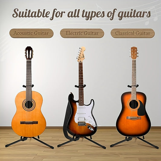 Portable guitar stand, adjustable height, foldable, with soft padding and rubber feet for all guitar types.