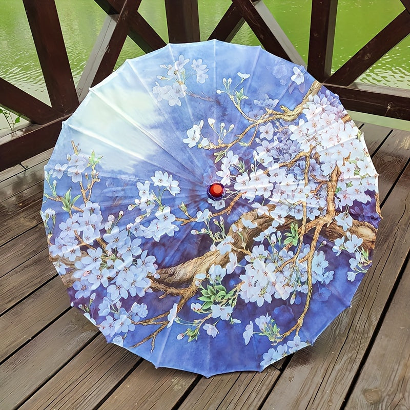 Chinese Flowers Parasol Umbrella with Cherry Blossom Sakura Floral Bamboo Handle for Sun and Rain Protection, Ideal for Weddings and Parties.