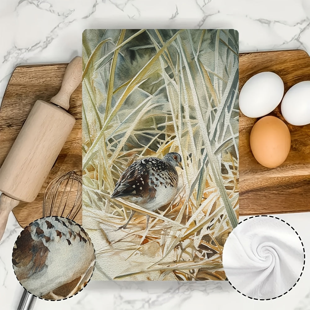 This set includes 2 ultra-soft kitchen towels that feature the gentle sound of a quail concealed in the grass. These highly absorbent dish towels are ideal for holiday decoration and can be easily washed in the machine. They measure 40.64x60.96 cm.