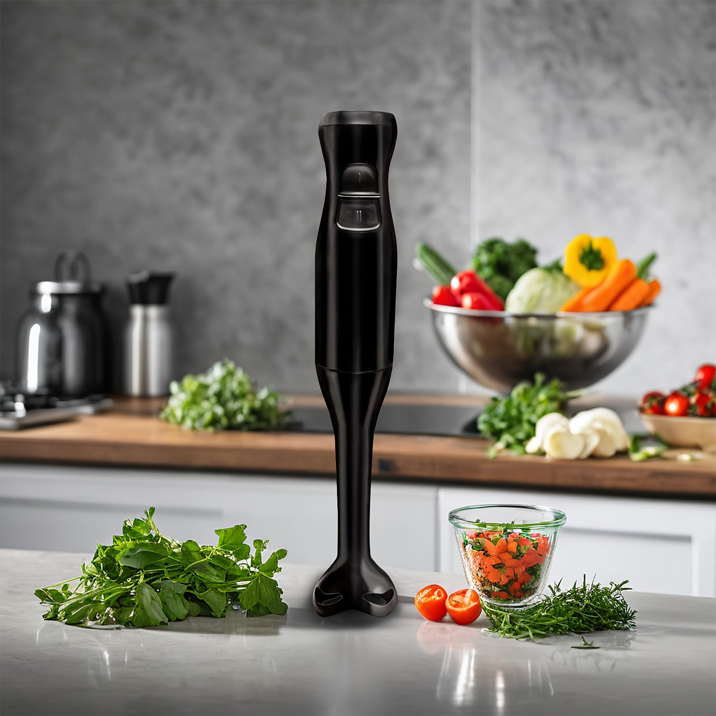 Black WANT Electric Handheld Blender - 2-Speed Immersion Mixer & Chopper with Ice Crushing. Easy one-hand operation, detachable stick for simple cleaning. Ideal for smoothies, shakes