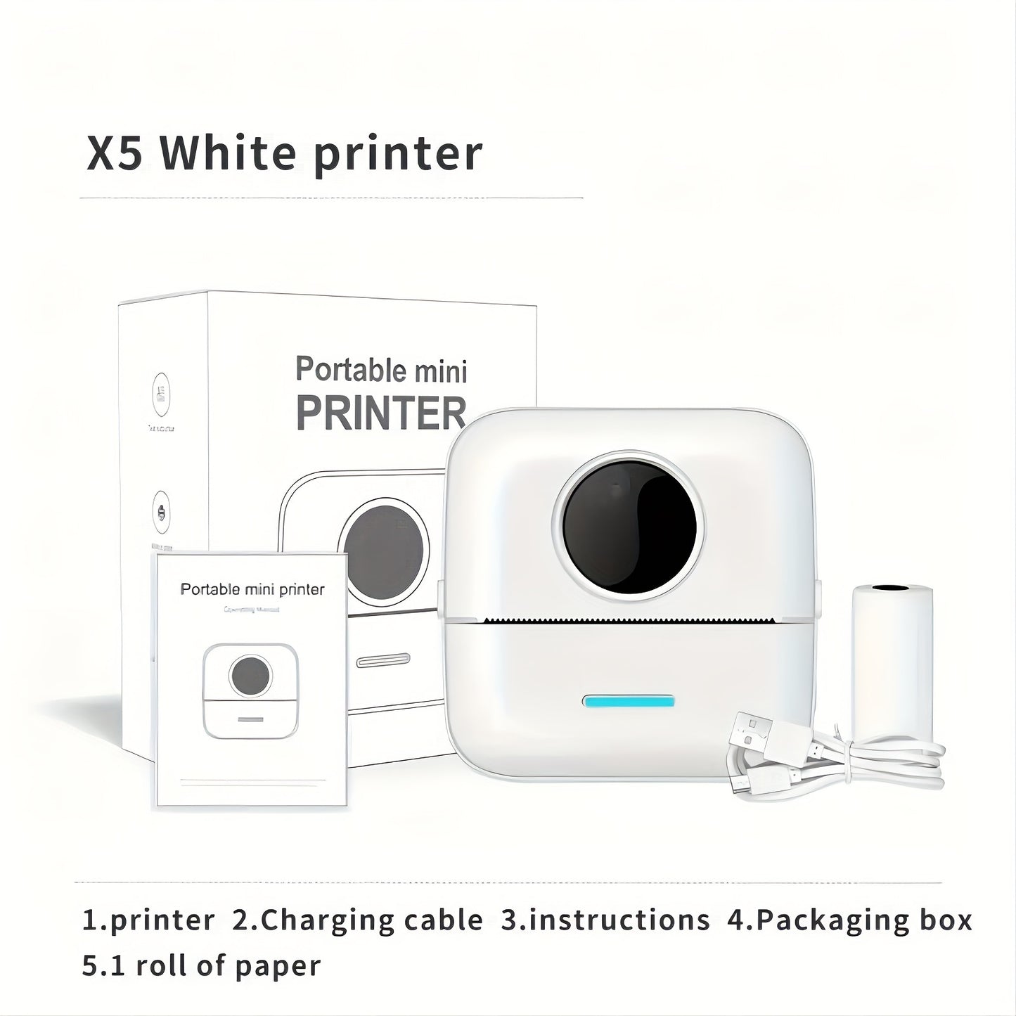 Portable mini printer for students, USB rechargeable, wireless, high-definition thermal printing on glossy paper.