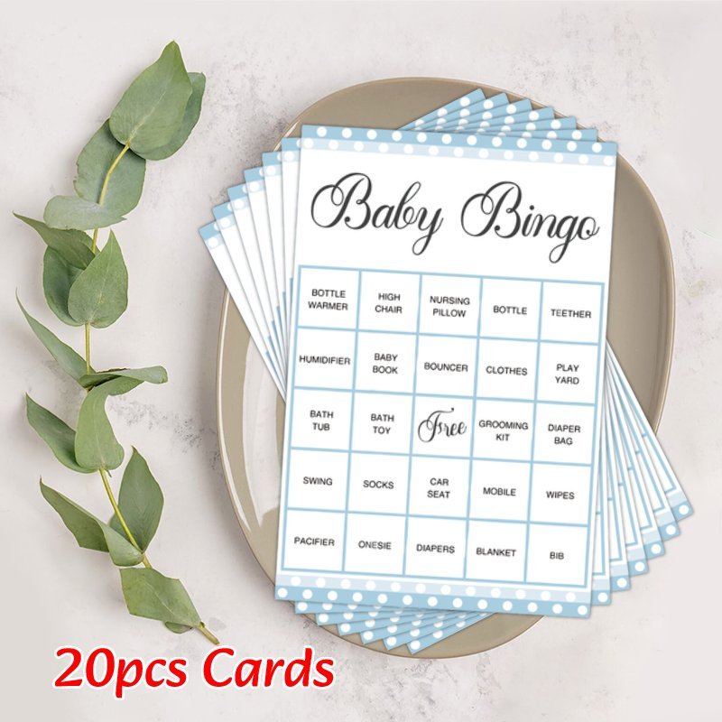 20 pack of blue polka dot design baby shower bingo game cards - a fun and interactive activity for family and friends. Perfect for celebrating with your loved ones, these English language party supplies are sure to make the baby shower a memorable event.