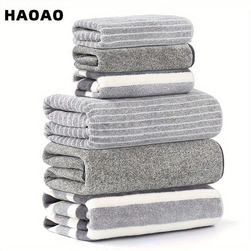 6-piece ultra-soft towel set includes 3 bath towels and 3 hand towels. Made of thick, absorbent coral fleece and skin-friendly polyester blend. Ideal for bathroom essentials.