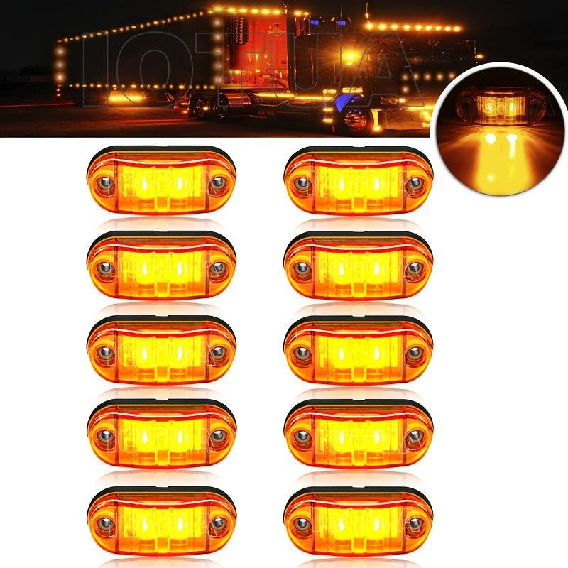 10 Universal LED marker lights for trucks, RVs, and other vehicles, with amber/red/white indicator bulbs, rear placement, and hard wiring. Operating on 12V-24V without a battery.