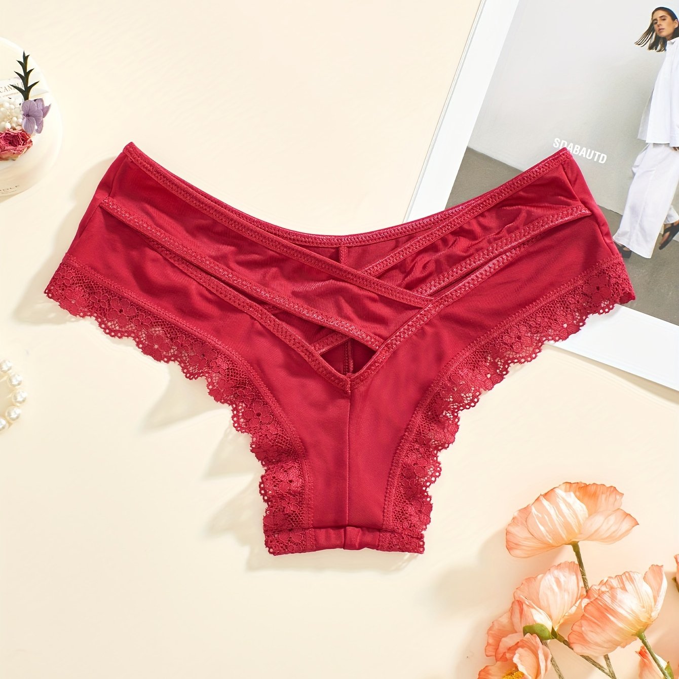 Lace Trim Hipster Panties with Cross Hollow Out Design are Breathable Intimates for Women's Lingerie & Underwear.