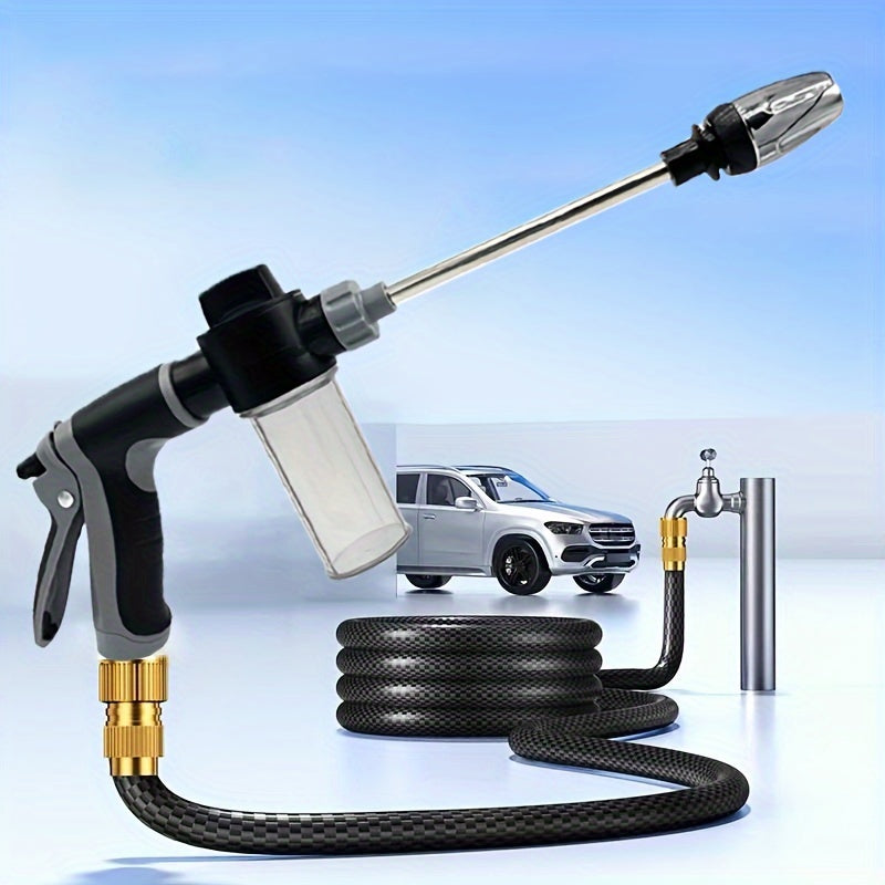 Portable high-pressure car washing water gun with quick connection adapters, multi-function nozzle, adjustable spray rod, suitable for car and pet cleaning.