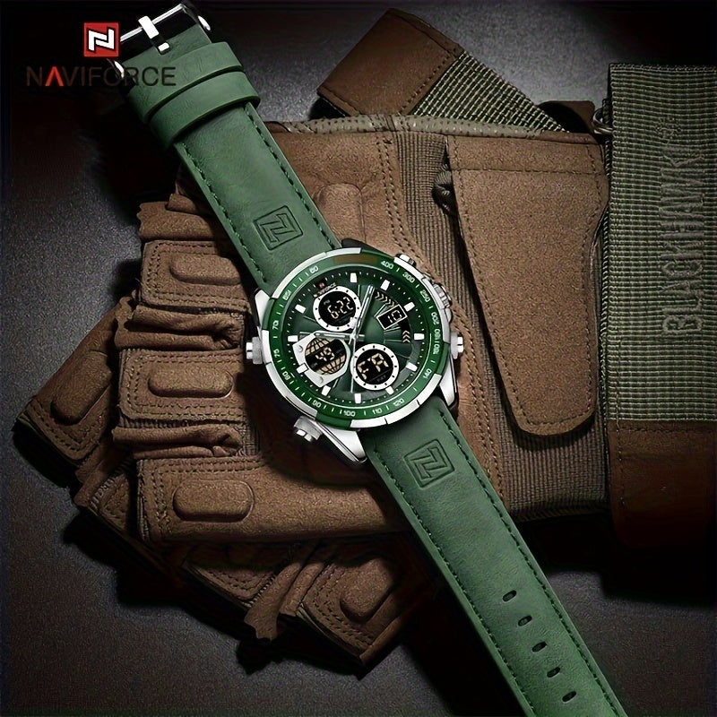 NAVIFORCE Men's Luxury Sports Quartz Watch - Waterproof, Genuine Leather Strap, Dual Display with Date & Chronograph Functions, Stainless Steel Case, Green Accents, Tachymeter Equipped