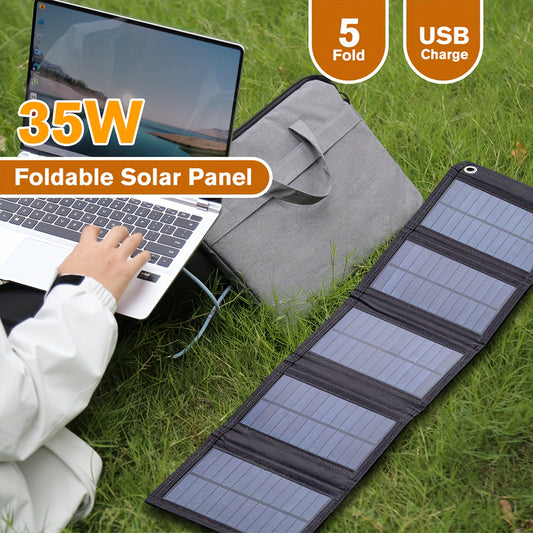 Portable foldable solar charger panel with high-efficiency monocrystalline silicon and USB charging for phones and fans. Ideal for outdoor camping and travel, with no battery and