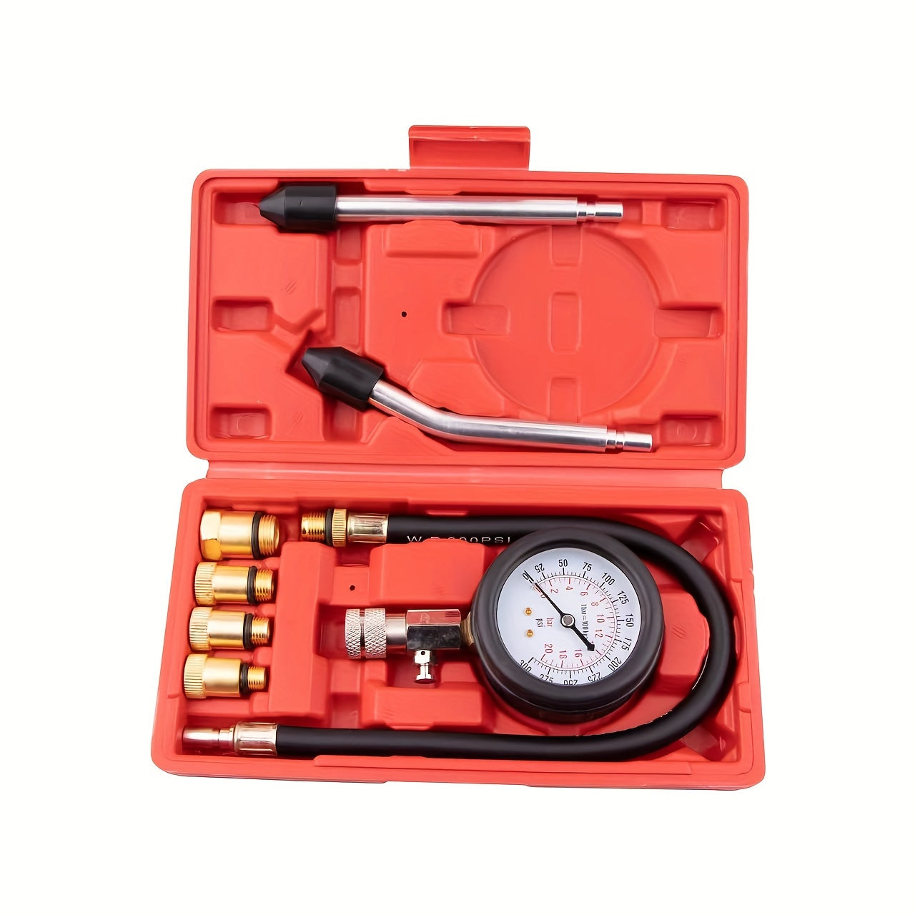 Compression tester kit for gas engines - 8 pieces, 0-300 PSI gauge, great for vehicles.