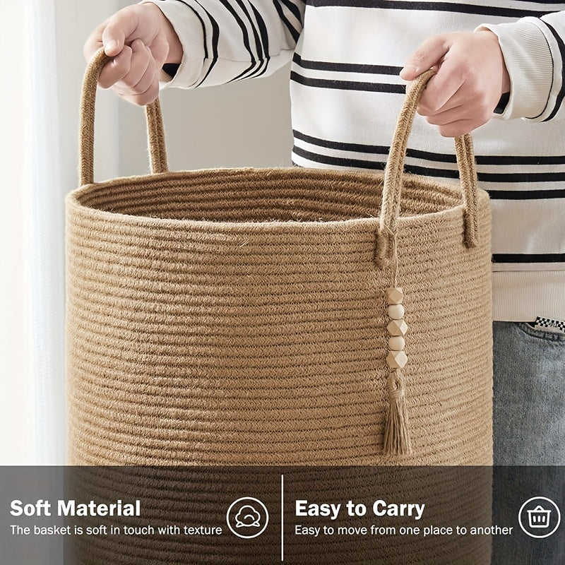 Get organized with our 1pc Jute Rope Woven Hamper, a versatile laundry basket that holds up to 58L. This tall woven collapsible basket is perfect for organizing blankets, clothes, and more in your laundry room. Use it to store supplies in the bathroom