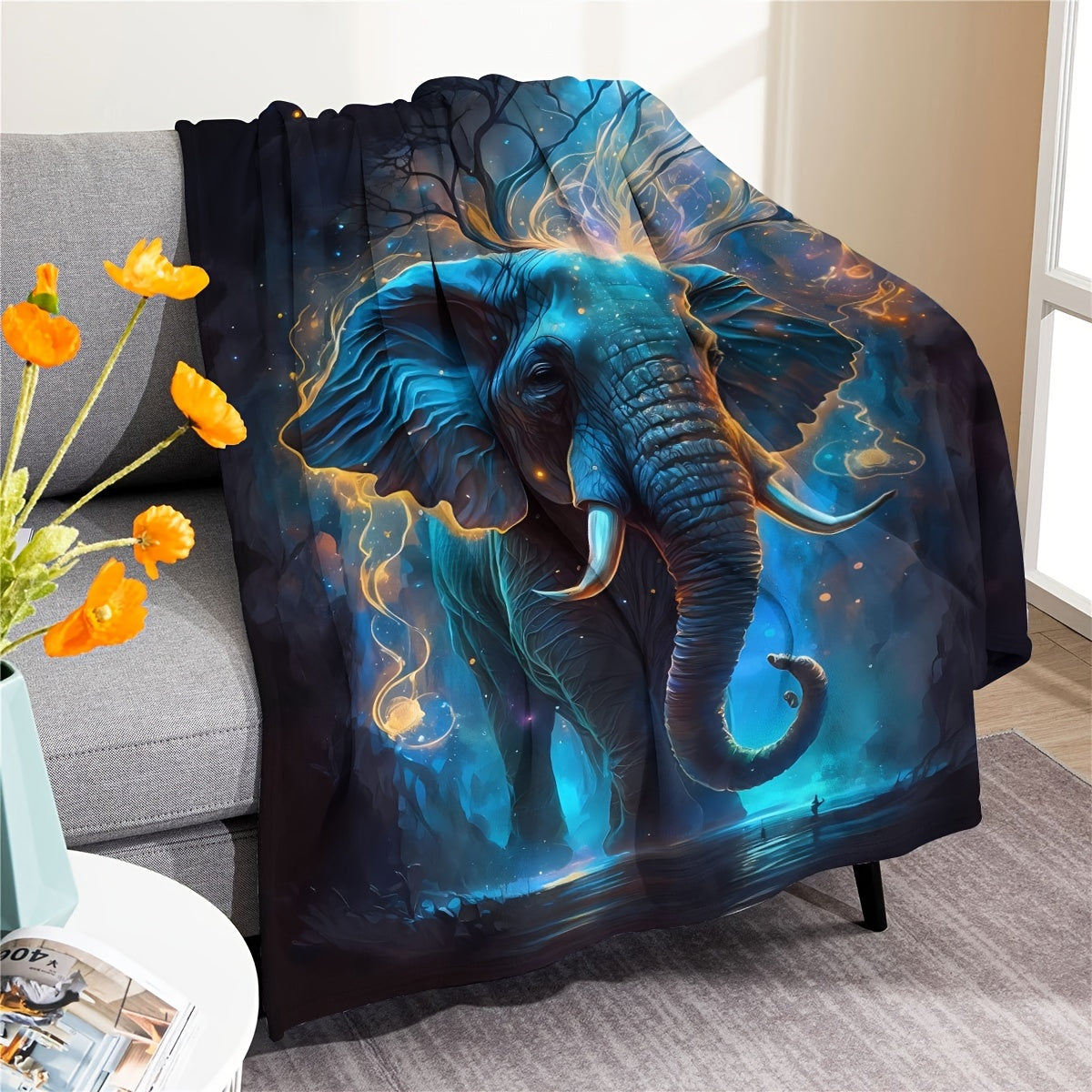 Experience Ultimate Comfort with Our Luxurious Elephant Fleece Blanket - Perfect for Adding a Touch of Tropical Paradise to Any Space. Stay Cozy all Year Round with this All-Season Polyester Throw featuring a Vibrant and Mystical Elephant Design. A